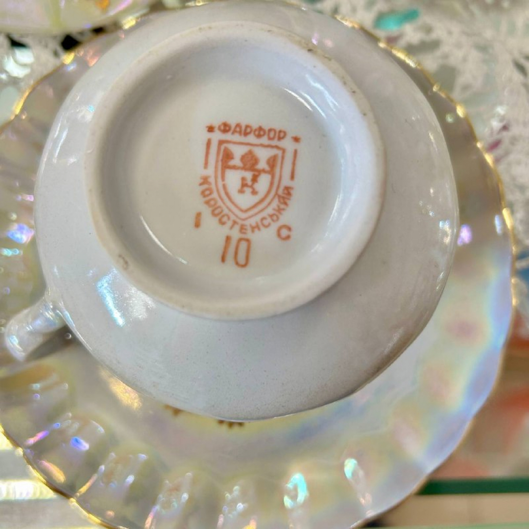 Кофейный сервиз Коростенский ФЗ 1990гг. Тонкий фарфор, люстр, позолота. Цена за 15пр. Картинка 5